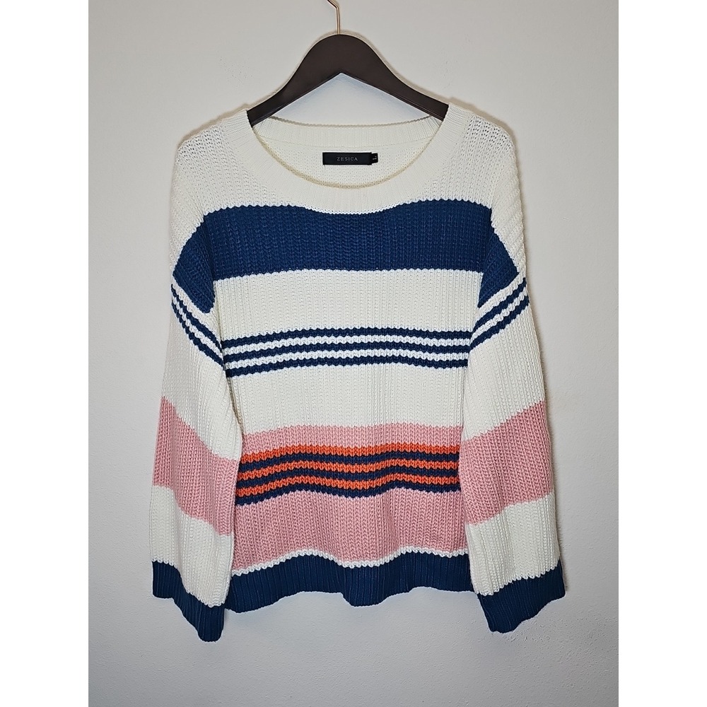 ZESICA Women's Large Striped Knit Sweater White Blue Pink‎ Pullover Cozy